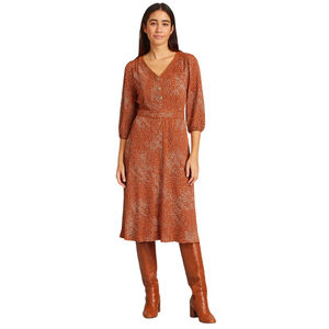 Monteau Rust Terracotta Red Brown Abstract Print Midi Dress, S/M Boho Retro Fall